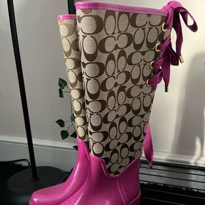 COACH brown/pink lace up rain boots